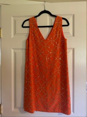 Trina Turk Orange V-Neck Embellished Shift Mini Dress